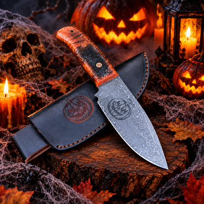 Handcrafted Damascus Steel Collector Knife – Raindrop Pattern, Orange & Black Resin Handle with Leather Sheath