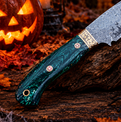 Handcrafted Damascus Steel Collector Knife – Engraved Tree Motif, Green Resin Handle with Leather Sheath