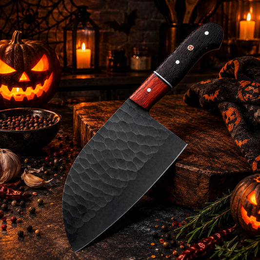 11.5" Handcrafted Kurouchi High-Carbon Steel Serbian Cleaver – Dual Hardwood Handle