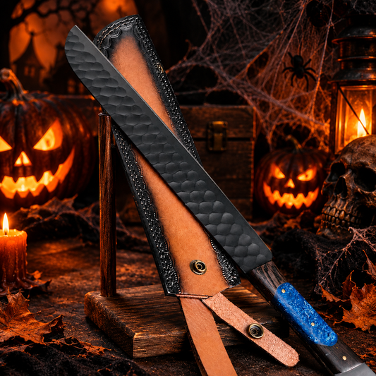 Custom Handcrafted High-Carbon Steel Collector Knife – Cobalt Blue Resin Handle with Leather Sheath
