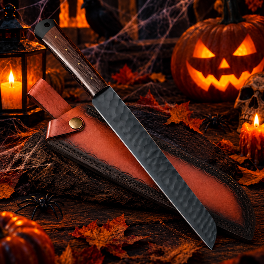 Handcrafted High-Carbon Steel Kitchen Cleaver – Textured Black Finish & Dark Walnut Handle with Leather Sheath