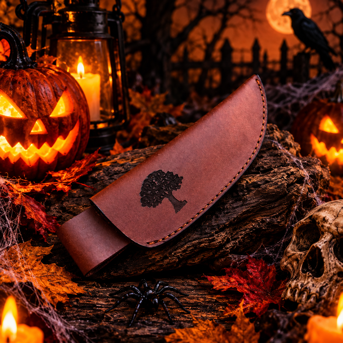 Handcrafted Damascus Steel Collector Knife – Engraved Tree Motif, Green Resin Handle with Leather Sheath