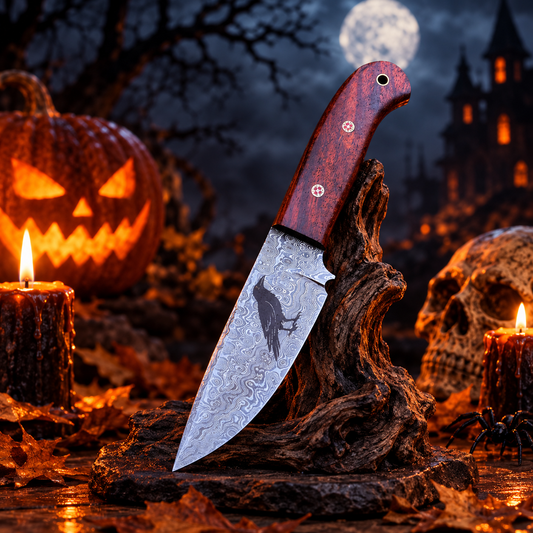 Handcrafted Damascus Steel Collector Knife – Engraved Raven Motif, Rosewood Handle with Leather Sheath