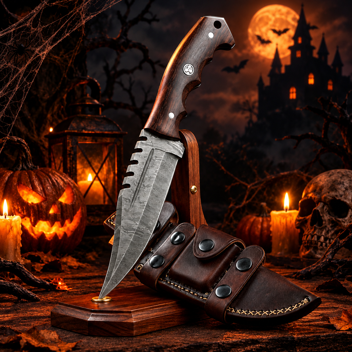 10" Handcrafted Damascus Steel Collector Knife – Rosewood Handle with Leather Sheath