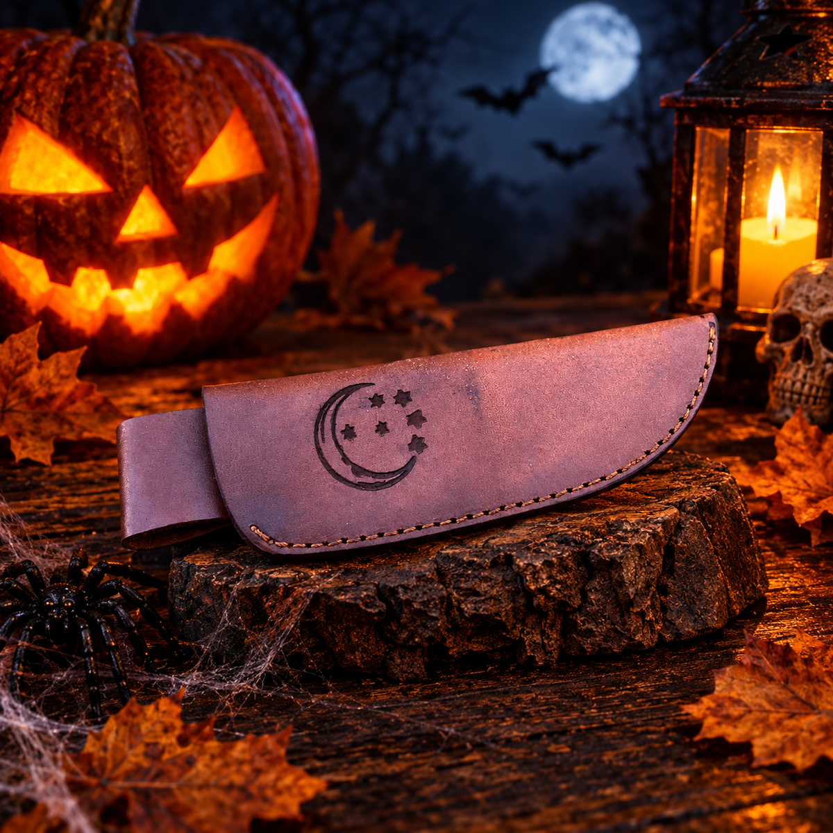 Handcrafted Damascus Steel Collector Knife – Engraved Crescent Moon Motif, Purple Resin Handle with Leather Sheath