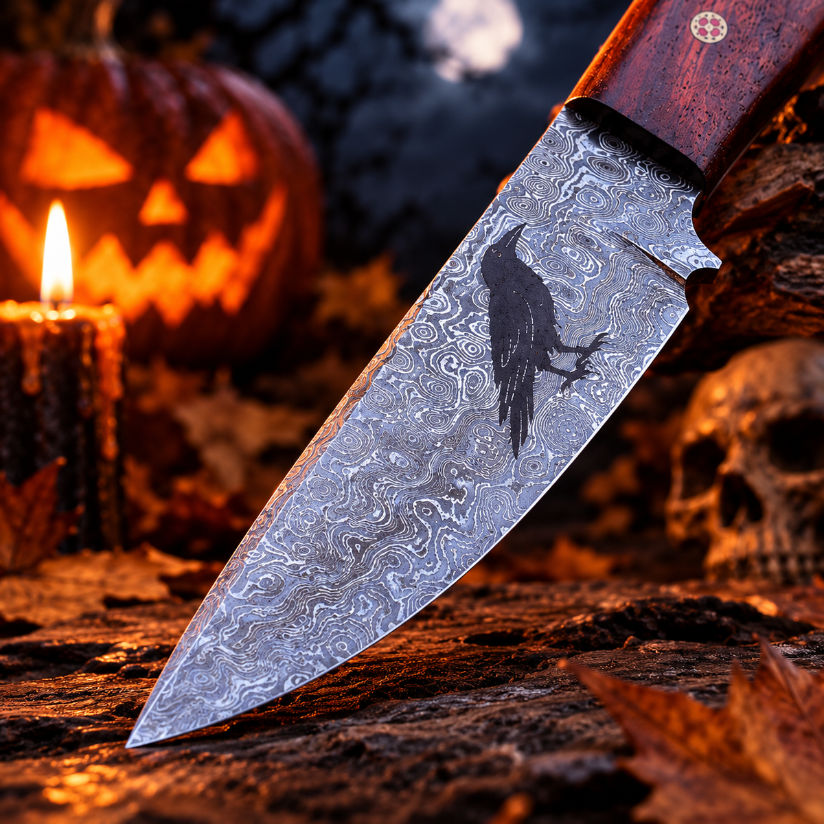 Handcrafted Damascus Steel Collector Knife – Engraved Raven Motif, Rosewood Handle with Leather Sheath