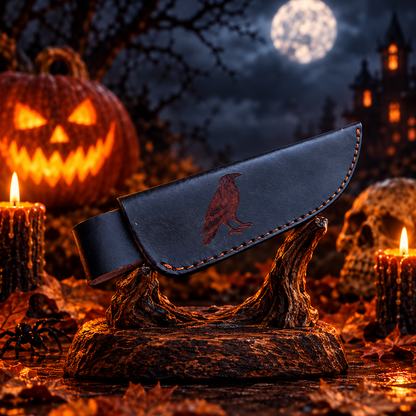 Handcrafted Damascus Steel Collector Knife – Engraved Raven Motif, Rosewood Handle with Leather Sheath