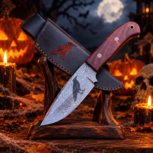 Handcrafted Damascus Steel Collector Knife – Engraved Raven Motif, Rosewood Handle with Leather Sheath