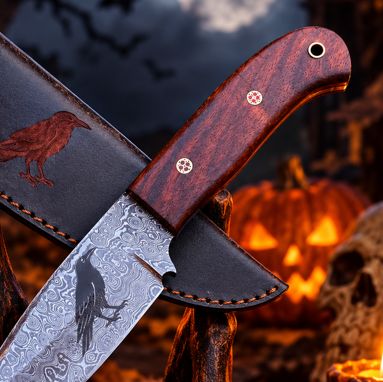 Handcrafted Damascus Steel Collector Knife – Engraved Raven Motif, Rosewood Handle with Leather Sheath