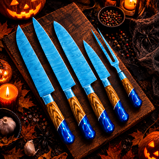 5-Piece Handcrafted Damascus Steel Carving Knife & Fork Set – Natural Wood with Blue Accents