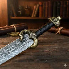 Hand Forged Damascus Short Sword | Display Collector Piece with Leather Scabbard