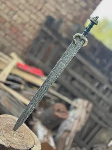 Hand Forged Damascus Short Sword | Display Collector Piece with Leather Scabbard