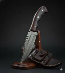 Hand Forged Damascus Steel Knife | Rosewood Handle, Leather Sheath