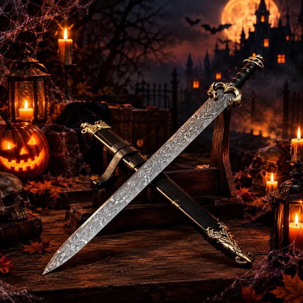 40" Handcrafted Damascus Steel Wall Display Sword – Decorative Brass Fittings with Leather Scabbard