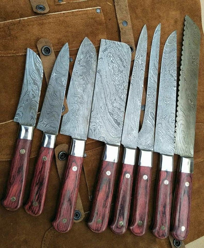 Hand Forged Damascus Chef Knife Set | Exotic Wood Handles, Brisket, Slicers