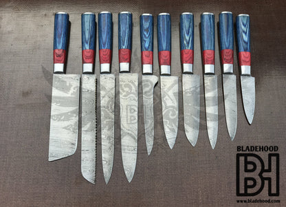 Hand Forged Damascus Chef Set | Blue & Red Wood Handle | Executive Gift