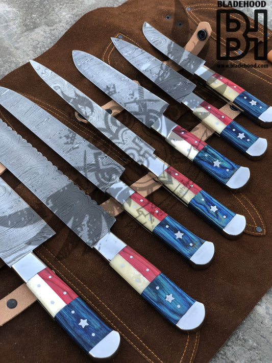Damascus Chef Set | USA Flag Handle | Handcrafted in USA Leather Roll