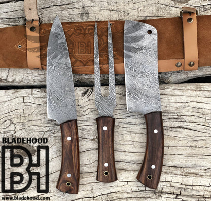 Handmade Damascus Steel Chef Knife Set: Rosewood Handle, Leather Bag