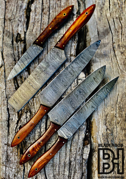 Handmade Damascus Chef Knife Set: 5-Piece Kitchen Knives with Leather Roll