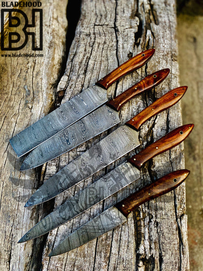 Handmade Damascus Chef Knife Set: 5-Piece Kitchen Knives with Leather Roll