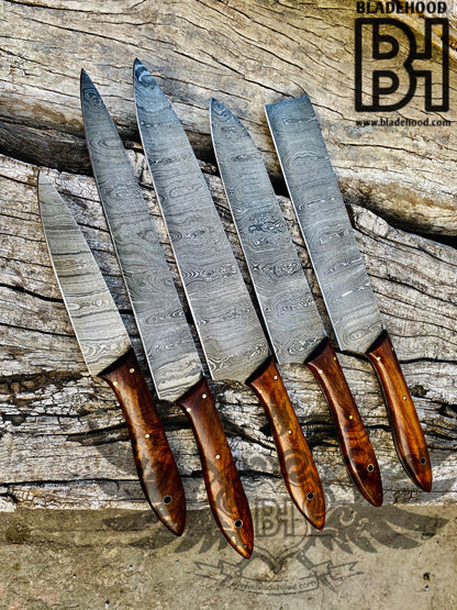 Handmade Damascus Chef Knife Set: 5-Piece Kitchen Knives with Leather Roll