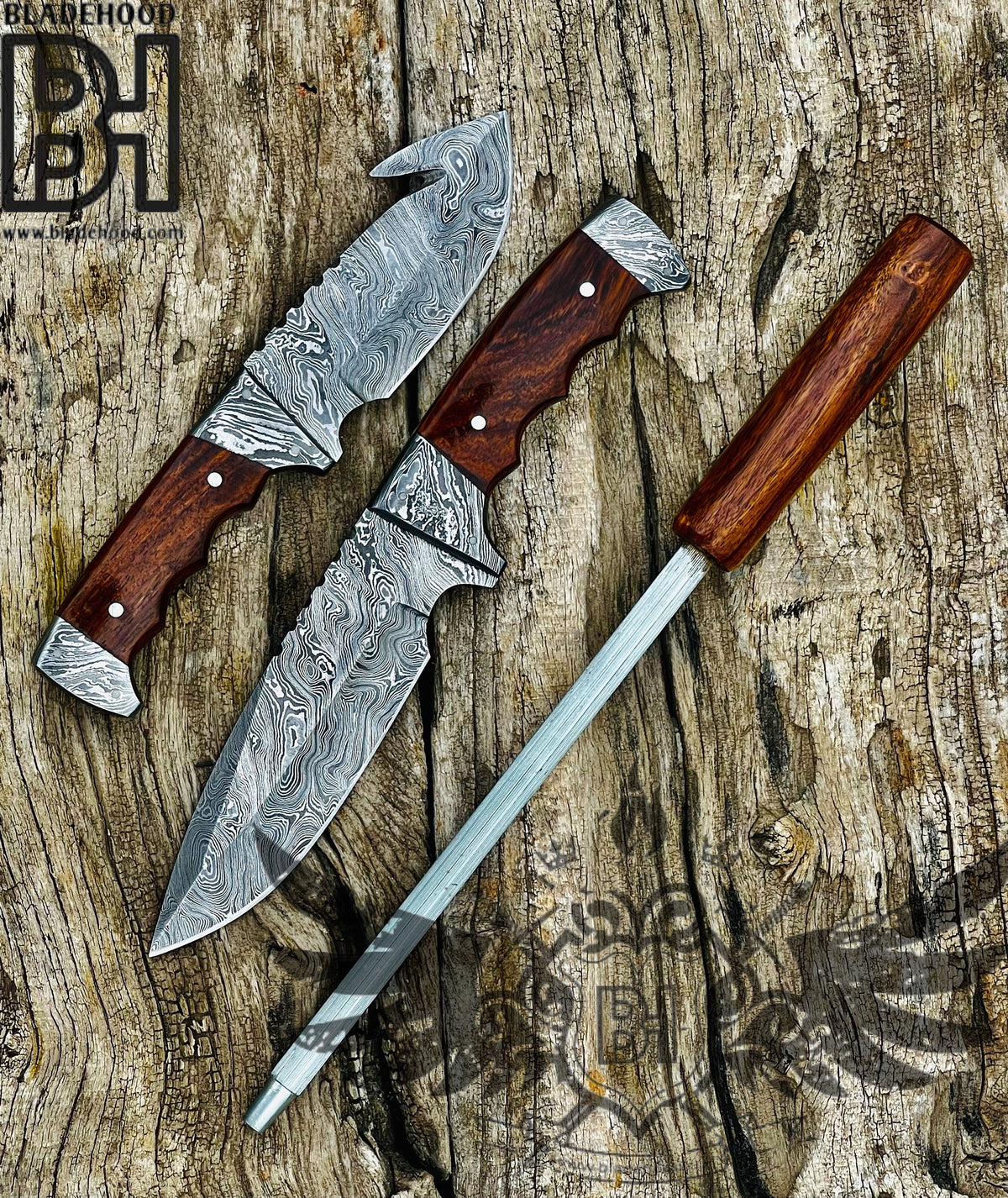 Handcrafted 3-Piece Damascus Steel Collector Knife Set with Rosewood Handles & Leather Sheath