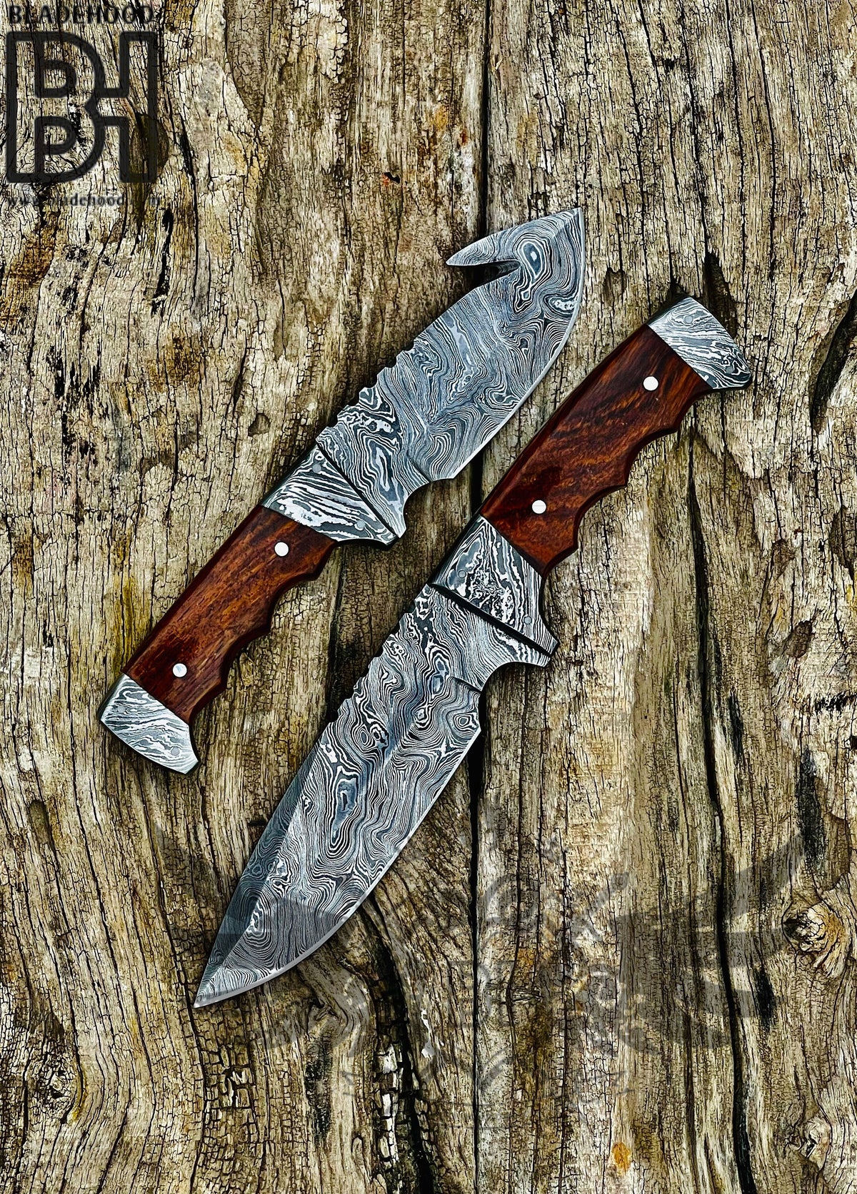 Handcrafted 3-Piece Damascus Steel Collector Knife Set with Rosewood Handles & Leather Sheath