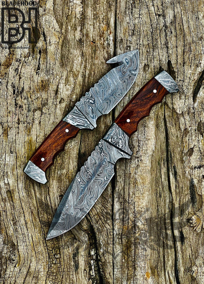 Handcrafted 3-Piece Damascus Steel Collector Knife Set with Rosewood Handles & Leather Sheath