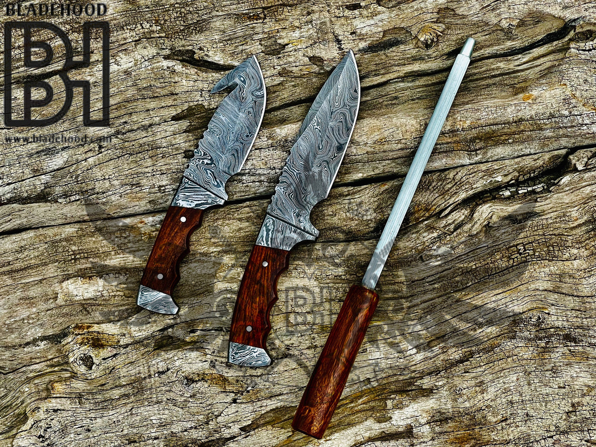 Handcrafted 3-Piece Damascus Steel Collector Knife Set with Rosewood Handles & Leather Sheath