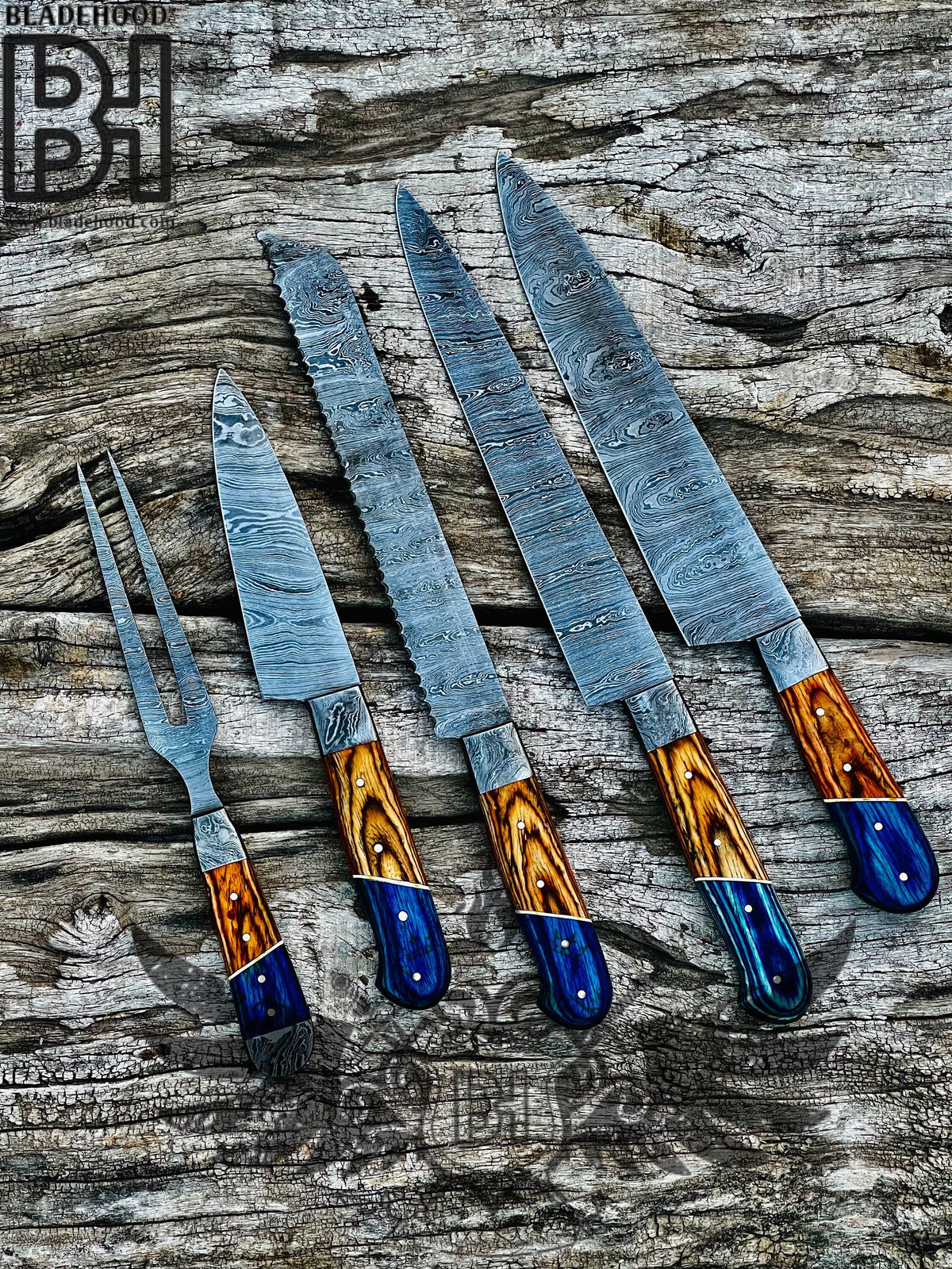 Damascus Carving Set | Blue Resin Wood Handle | Hand Forged Knife Kit | Collectible Set