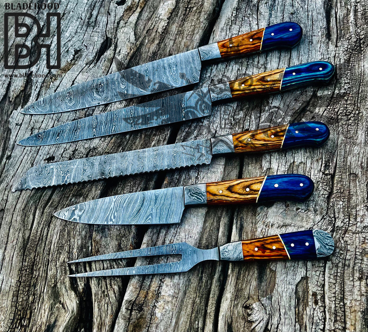 Damascus Carving Set | Blue Resin Wood Handle | Hand Forged Knife Kit | Collectible Set
