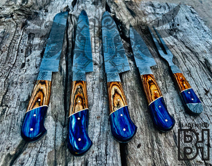 Damascus Carving Set | Blue Resin Wood Handle | Hand Forged Knife Kit | Collectible Set