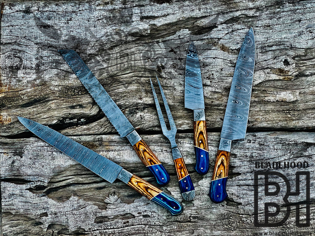 Damascus Carving Set | Blue Resin Wood Handle | Hand Forged Knife Kit | Collectible Set