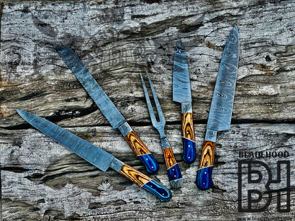 Damascus Carving Set | Blue Resin Wood Handle | Hand Forged Knife Kit | Collectible Set
