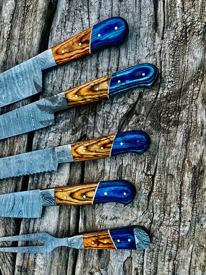 Damascus Carving Set | Blue Resin Wood Handle | Hand Forged Knife Kit | Collectible Set