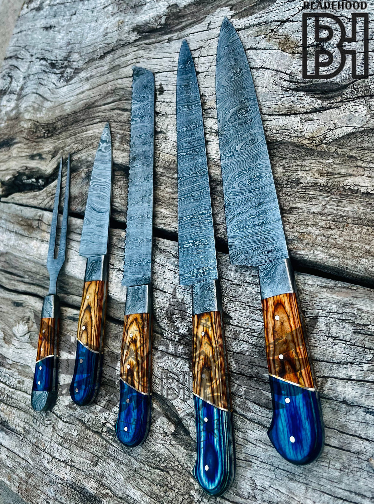 Damascus Carving Set | Blue Resin Wood Handle | Hand Forged Knife Kit | Collectible Set