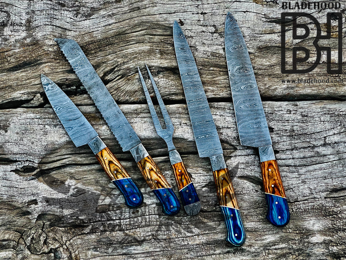 Damascus Carving Set | Blue Resin Wood Handle | Hand Forged Knife Kit | Collectible Set