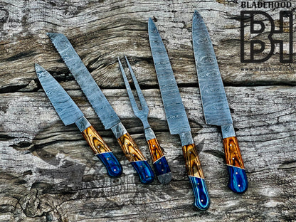 Damascus Carving Set | Blue Resin Wood Handle | Hand Forged Knife Kit | Collectible Set