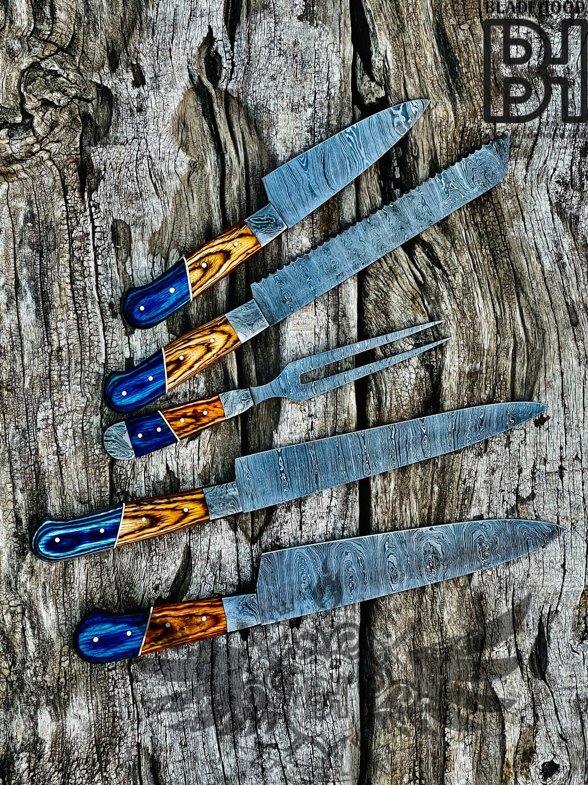Damascus Carving Set | Blue Resin Wood Handle | Hand Forged Knife Kit | Collectible Set