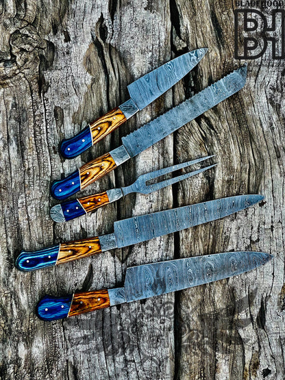 Damascus Carving Set | Blue Resin Wood Handle | Hand Forged Knife Kit | Collectible Set