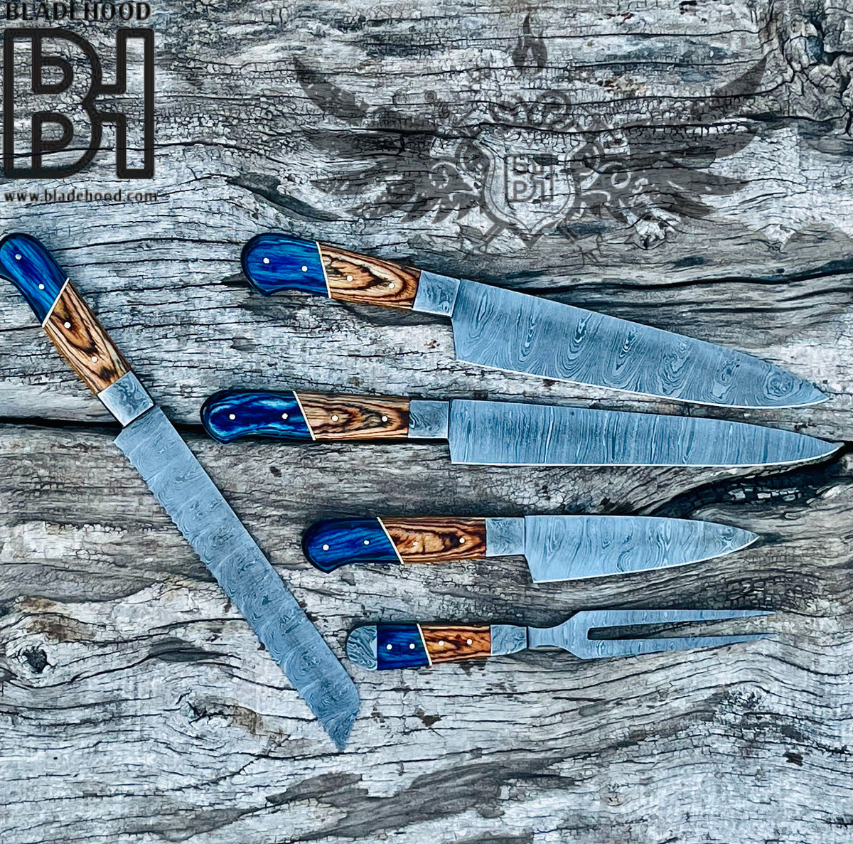 Damascus Carving Set | Blue Resin Wood Handle | Hand Forged Knife Kit | Collectible Set
