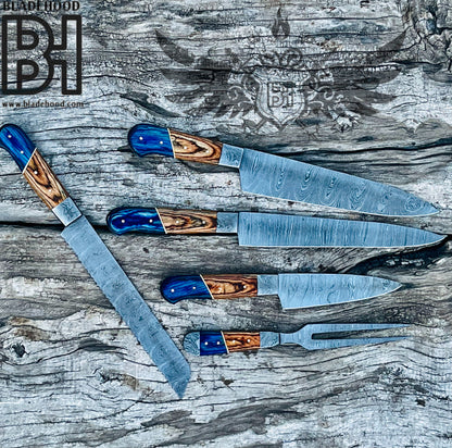 Damascus Carving Set | Blue Resin Wood Handle | Hand Forged Knife Kit | Collectible Set