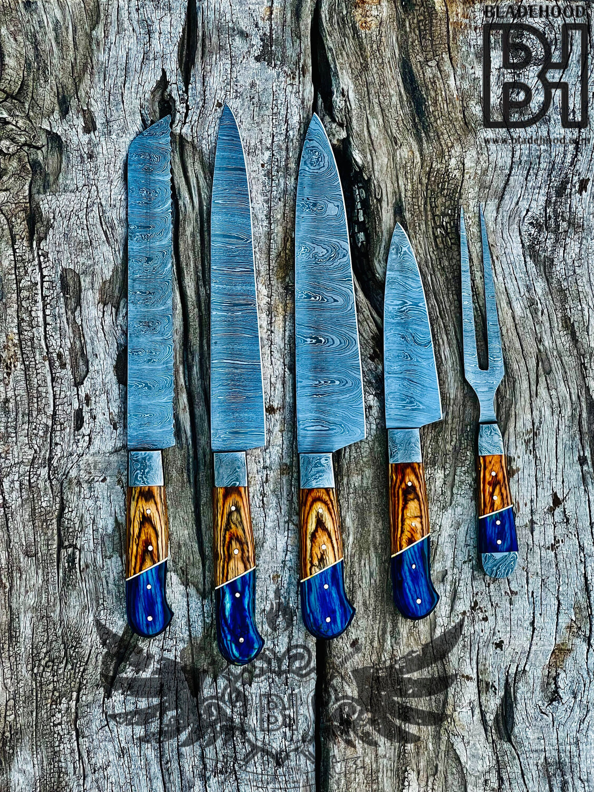 Damascus Carving Set | Blue Resin Wood Handle | Hand Forged Knife Kit | Collectible Set