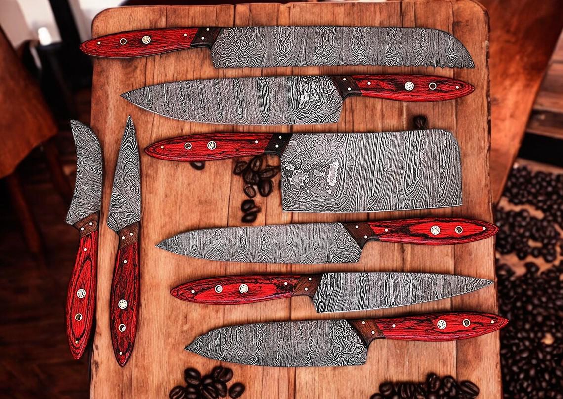 Handmade Damascus Chef Knife Set: Alaskan Pakka & Rosewood Kitchen Knives