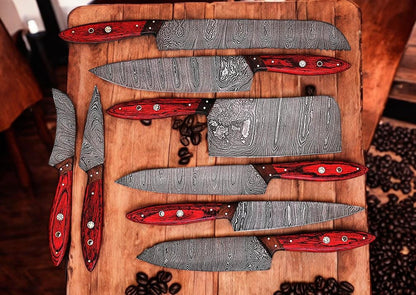Handmade Damascus Chef Knife Set: Alaskan Pakka & Rosewood Kitchen Knives