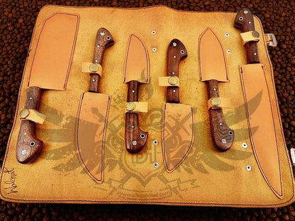 Handmade Damascus Steel Chef Knife Set: Walnut Wood Handle, Kitchen Knives and Leather Roll