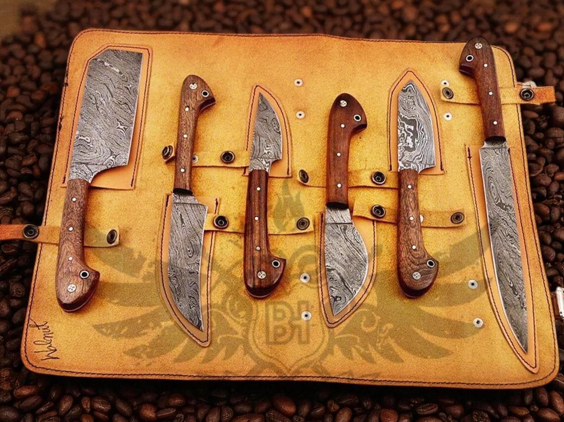 Handmade Damascus Steel Chef Knife Set: Walnut Wood Handle, Kitchen Knives and Leather Roll