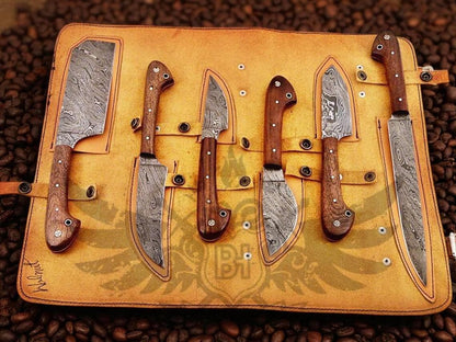 Handmade Damascus Steel Chef Knife Set: Walnut Wood Handle, Kitchen Knives and Leather Roll