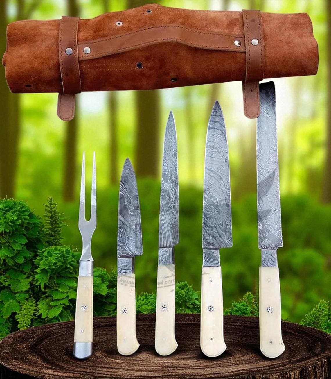 Damascus Brisket Knife Set 5pc | Steak Knife & Carving Fork | Leather Roll