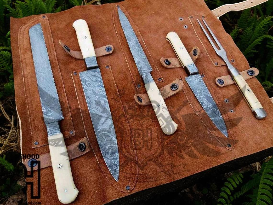 Damascus Brisket Knife Set 5pc | Steak Knife & Carving Fork | Leather Roll